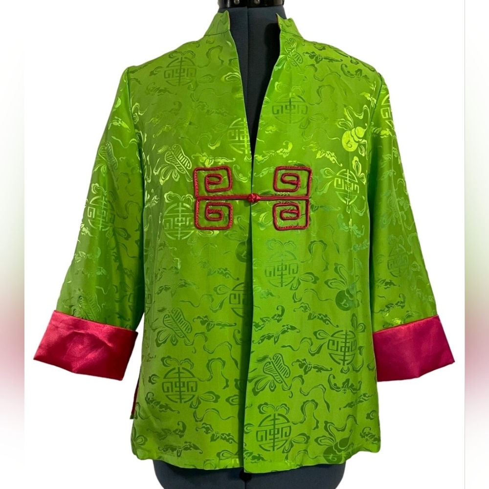 Soft Surroundings Chinese Silk Green Women's Jacket with Pink Lining XS